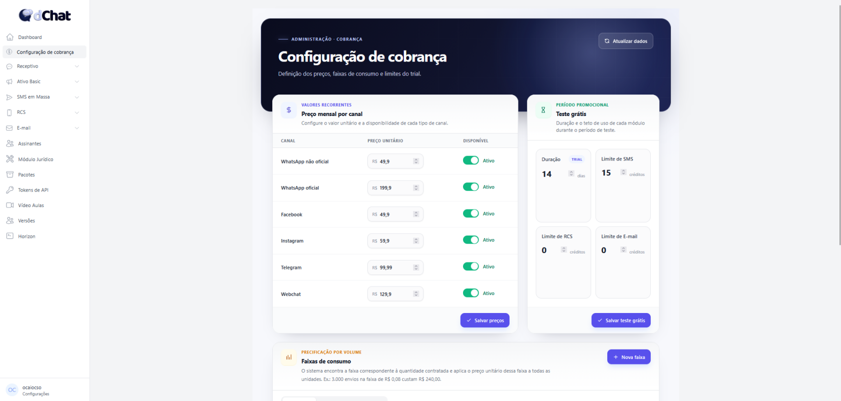 Visão geral da tela Configuração de cobrança